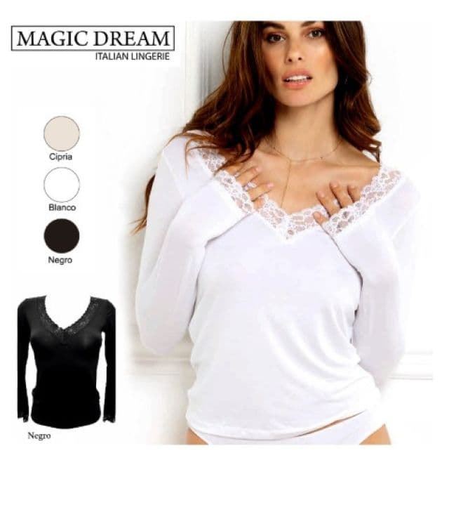Camiseta manga larga con encaje cuello y puños, tejido BAMBU muy suave al tacto, tejido fresco - Imagen 1